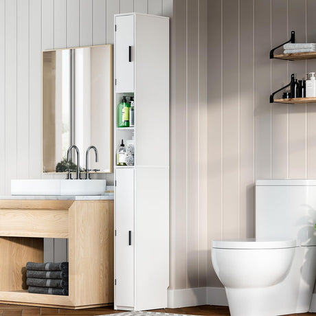 MOHOPE Narrow Bathroom Storage Cabinet - Tall Bathroom Cabinet with 2 Doors and Adjustable Shelves, Open Compartments, Slim Freestanding Cabinet for Small Space and Toilet, White ﻿ MOHOPE