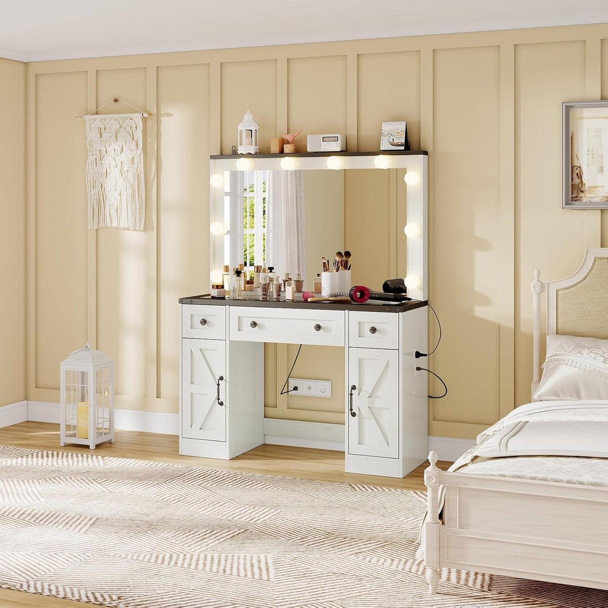 LUXOAK 43" Farmhouse Makeup Vanity Desk with Mirror, Lights, Power Outlet, Glass top Vanity with Storage Drawers & Adjustable Shelves, Hollywood Vanity for Bedroom, Girls, Womens, White LUXOAK