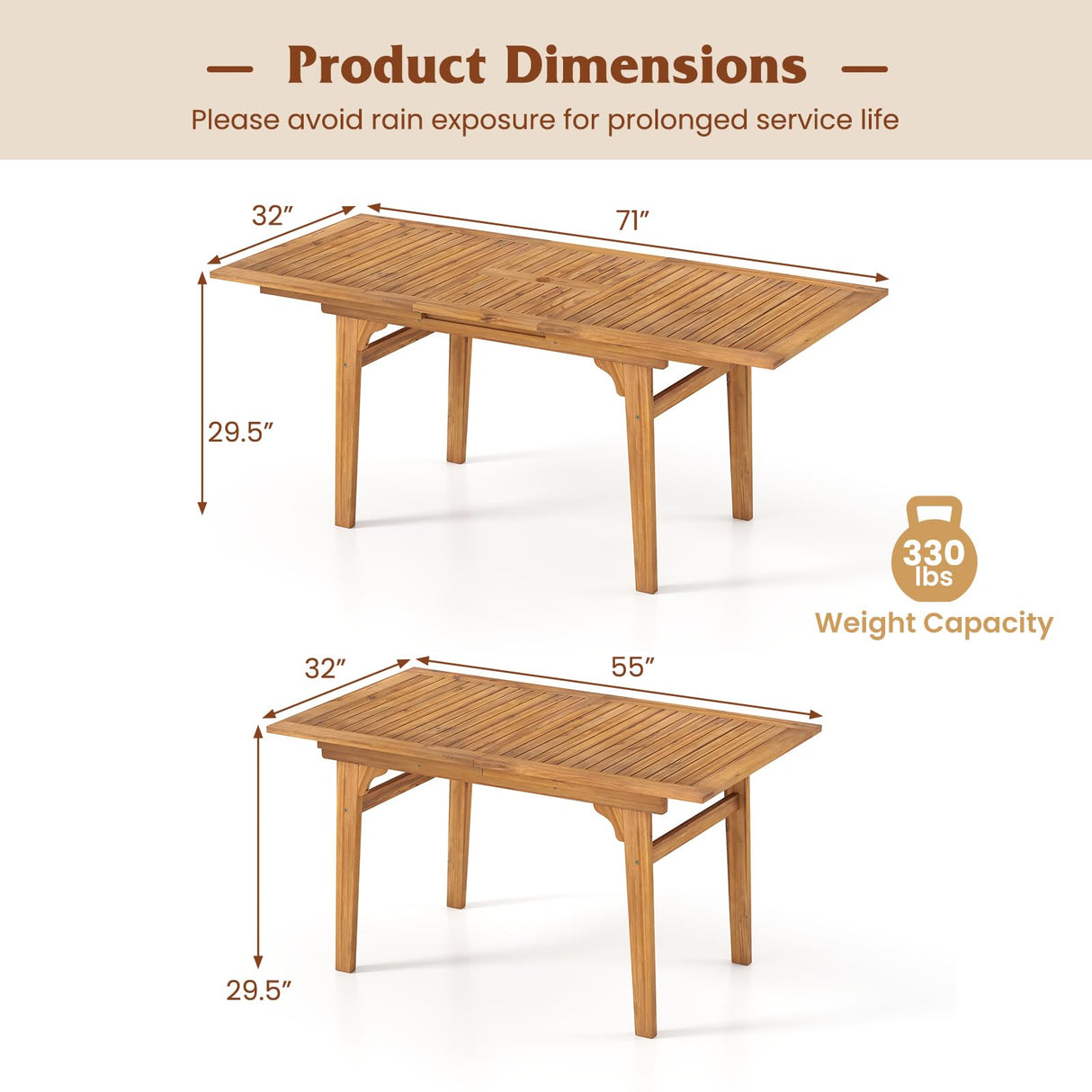 Tangkula Acacia Wood Patio Expandable Dining Table for 6-8, 71 Inches Outdoor Dining Table with 1.97" Umbrella Hole, for Garden, Lawn, Yard and Poolside Tangkula