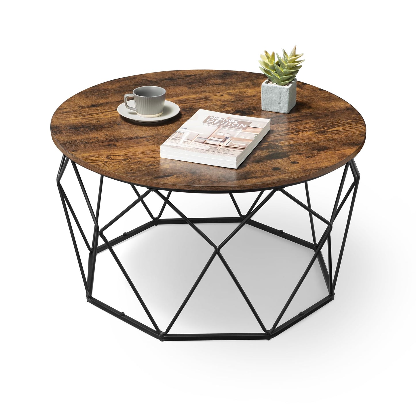 VASAGLE Round Coffee Table for Living Room, Cage Cocktail Table with Steel Frame, 31.5 Inches Dia., Industrial Style, Rustic Brown and Black ULCT040B01 - WoodArtSupply