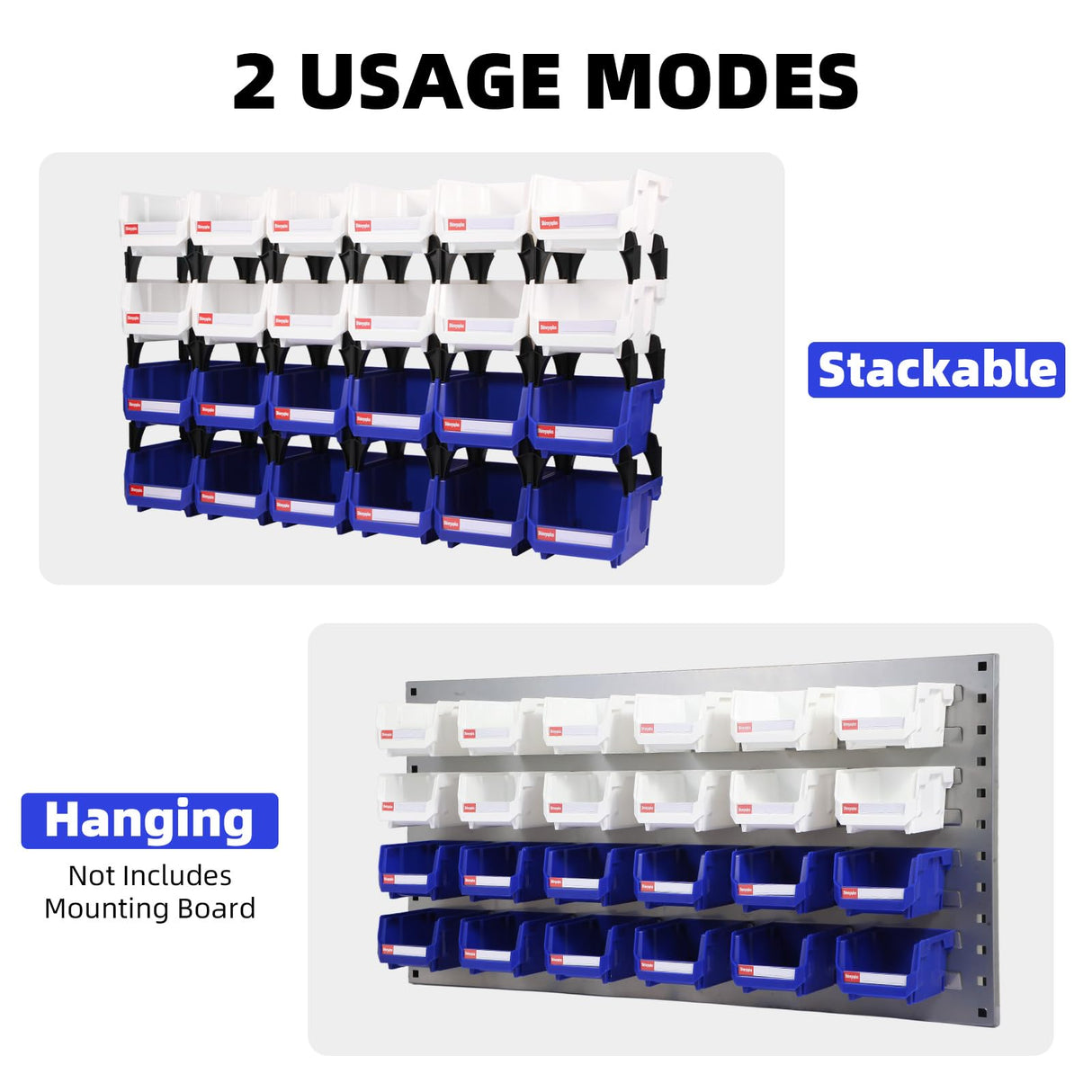 Shineyaplus Stackable Storage Bins 24 Pack (5x4x3 Inch), Plastic Stackable Storage Organizer Bins Wall Mounted Hanging Small Parts Bin for Garage, Workbench & Office (Blue & White) Shineyaplus