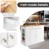 SILKYDRY Kitchen Island with Drop Leaf, Rubber Wood Top Breakfast Bar, Storage Cabinet with 2 Drawers, Adjustable Shelves, Spice Racks, Stationary Island Table for Dining Room, White SILKYDRY