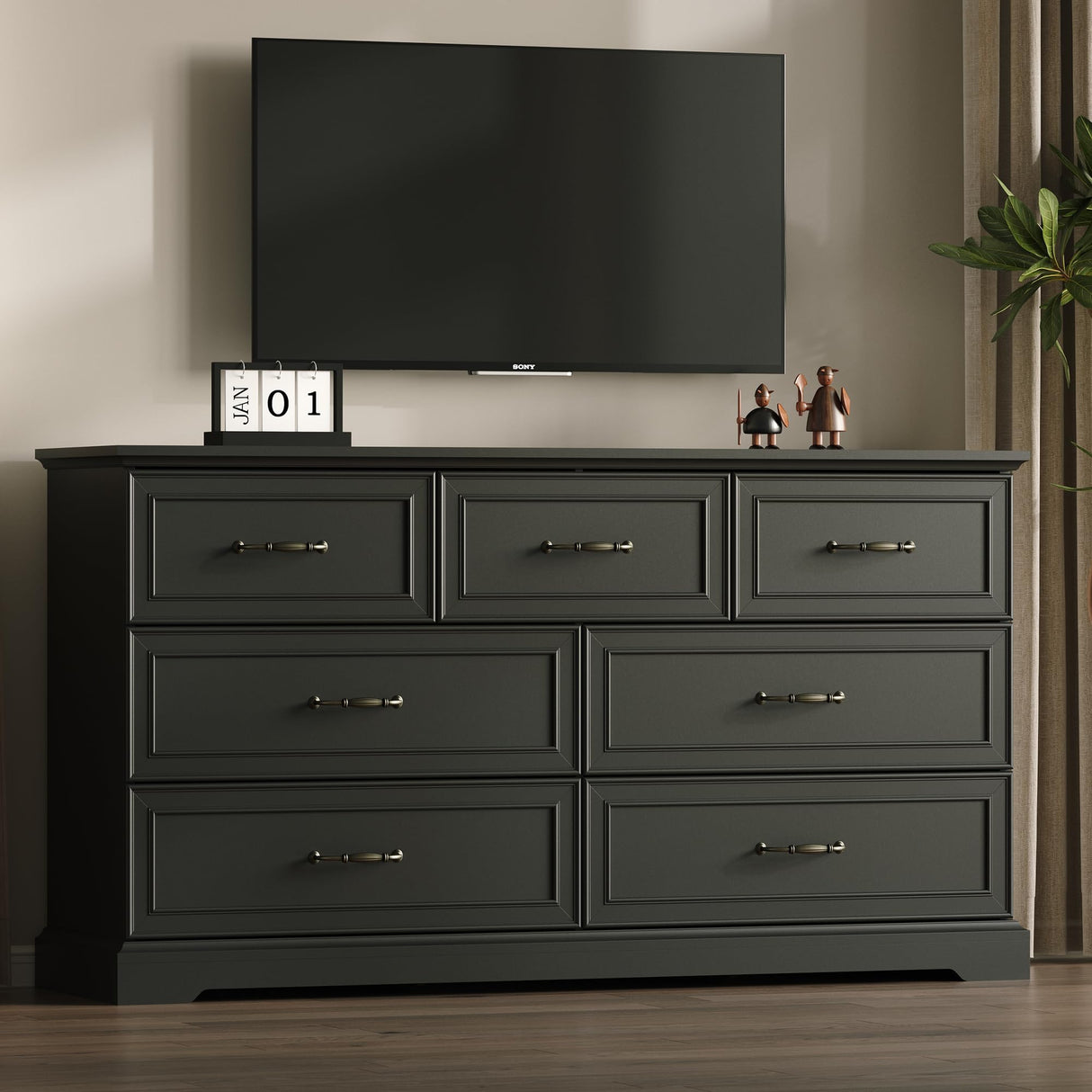 Farmhouse 7 Drawers Dresser for Bedroom, 57" Wide Modern Chest of Drawers with Deep Drawers & Bar Handles, Rustic Wood Dresser TV Stand, Wooden Closet Storage Organizer for Living Room, Hallway, Black Xixini