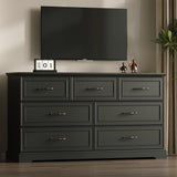 Farmhouse 7 Drawers Dresser for Bedroom, 57" Wide Modern Chest of Drawers with Deep Drawers & Bar Handles, Rustic Wood Dresser TV Stand, Wooden Closet Storage Organizer for Living Room, Hallway, Black Xixini