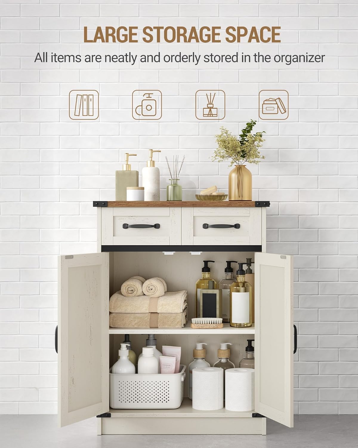 Bathroom Storage Cabinet, Freestanding Bathroom Floor Cabinet with Drawers & Doors, Farmhouse Buffet Cabinets with Adjustable Shelf, for Kitchen, Living Room, Entryway, White Brown SC62414X Hzuaneri
