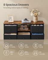 SONGMICS Dresser with Power Outlets and LED Lights, Fabric Chest of Drawers, 25 Colors, 8 Drawers, TV Stand for up to 60 Inch TVs, 11.8 x 47.2 x 31.3 Inches, Ink Black and Rustic Brown ULTS518B01 SONGMICS