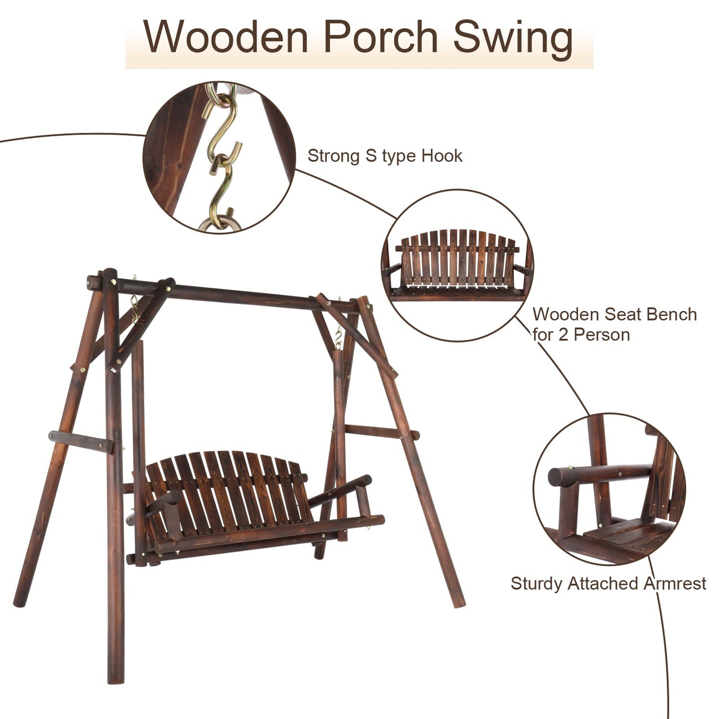 Outvita Patio Porch Swing Set, 67in Wood Log Swing Stand with Bench Loveseat Stable A-Frame for Patio Backyard Deck (Carbonized)