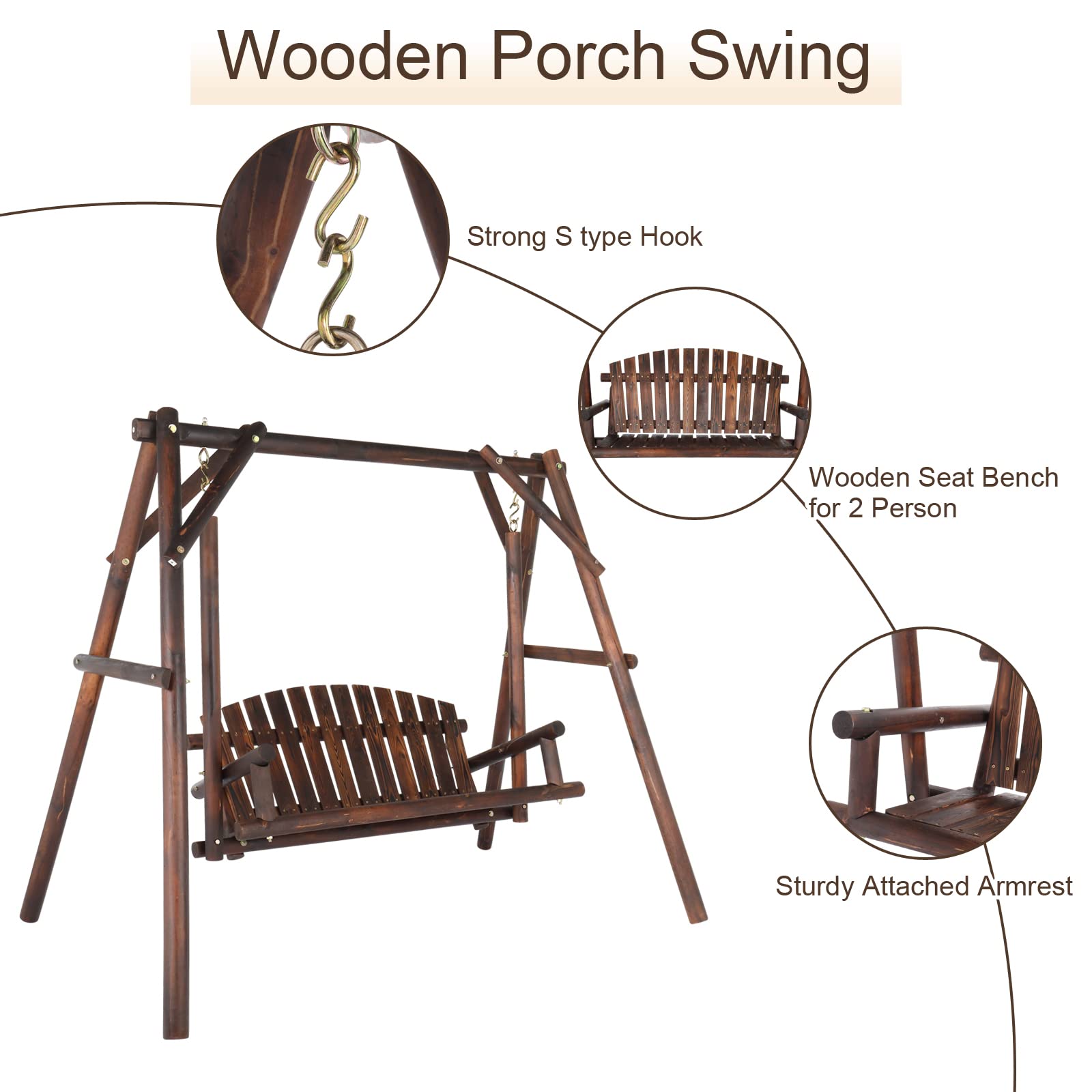 Ochine 6.5 Ft Patio Wooden Porch Swing Outdoor Swing Chair Bench Outdoor Patio Swing Chair Heavy Duty 600 LBS Rustic Hanging Log Porch Swing 2 Seater with Stand for Outdoor Patio Garden Yard - WoodArtSupply