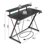 SEVEN WARRIOR Gaming Desk with LED Lights & Power Outlets, 31.5" Computer Desk with Monitor Shelf, Home Office Desk with Cup Holder and Headphone Hook, Ergonomic, Carbon Fiber Surface Black SEVEN WARRIOR