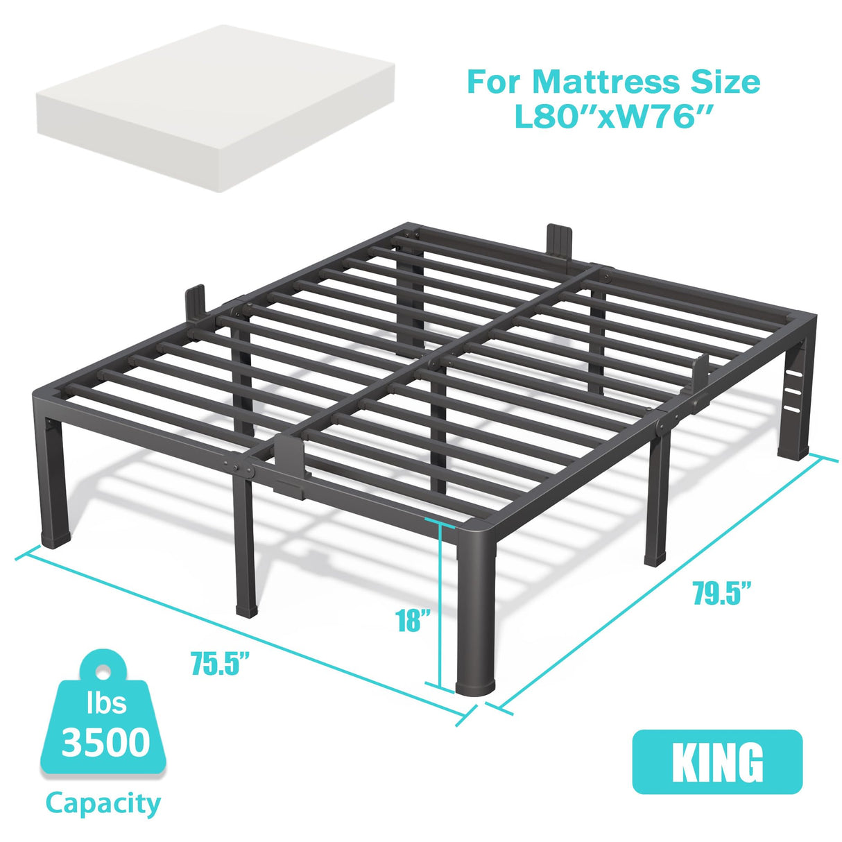 Firpeesy 18 Inch King Bed Frame with Rounded Corner and Headboard Hole Mattress Retainers 3500 lbs Heavy Duty Support Metal Platform Bed Frame Noise Free No Box Spring Needed Easy Assembly Firpeesy