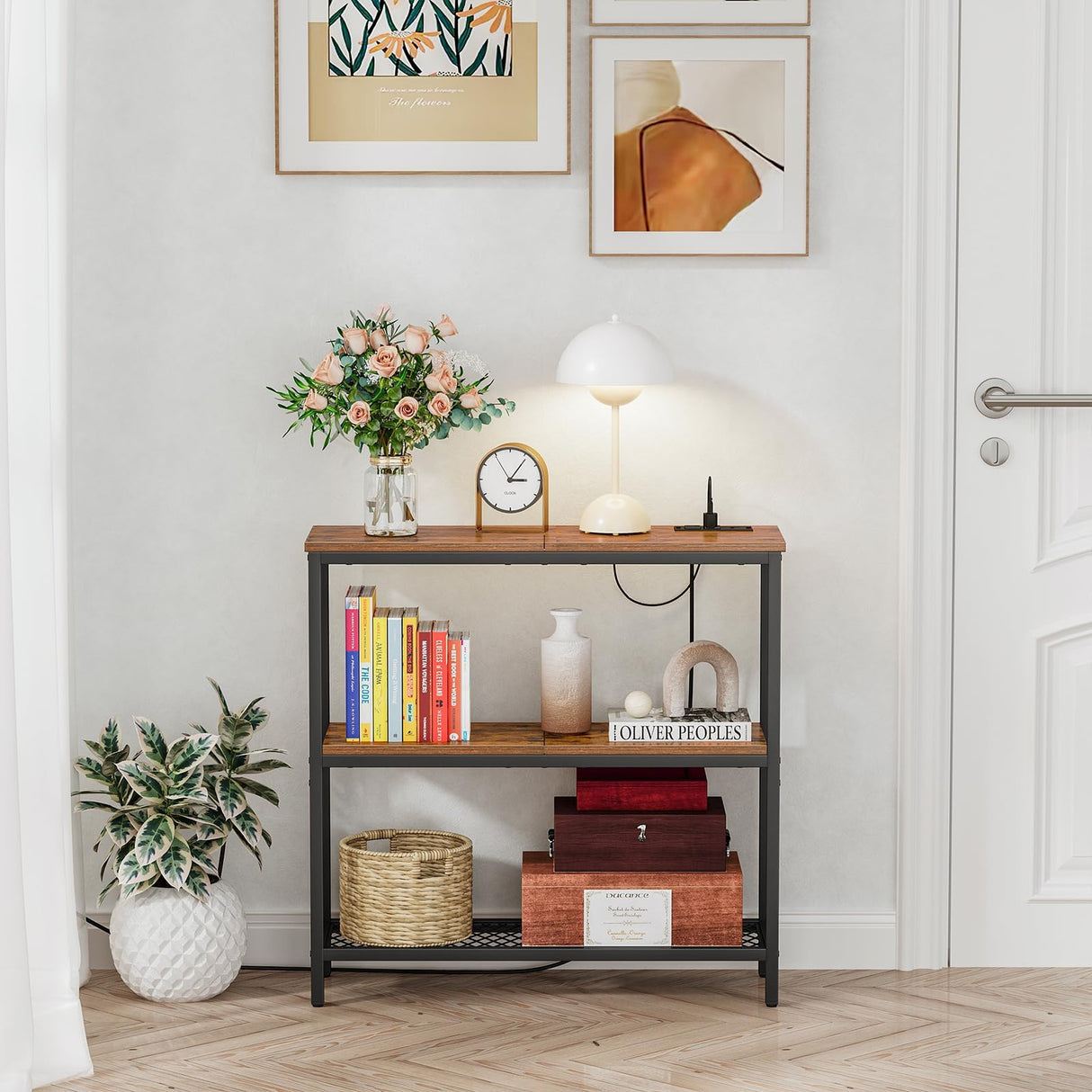 Snughome Console Table with Power Outlets, Entryway Table with Storage, Narrow Sofa Table with 3 Tier Shelves, Couch Table with USB Ports, Hallway Table for Living Room, Entrance Snughome