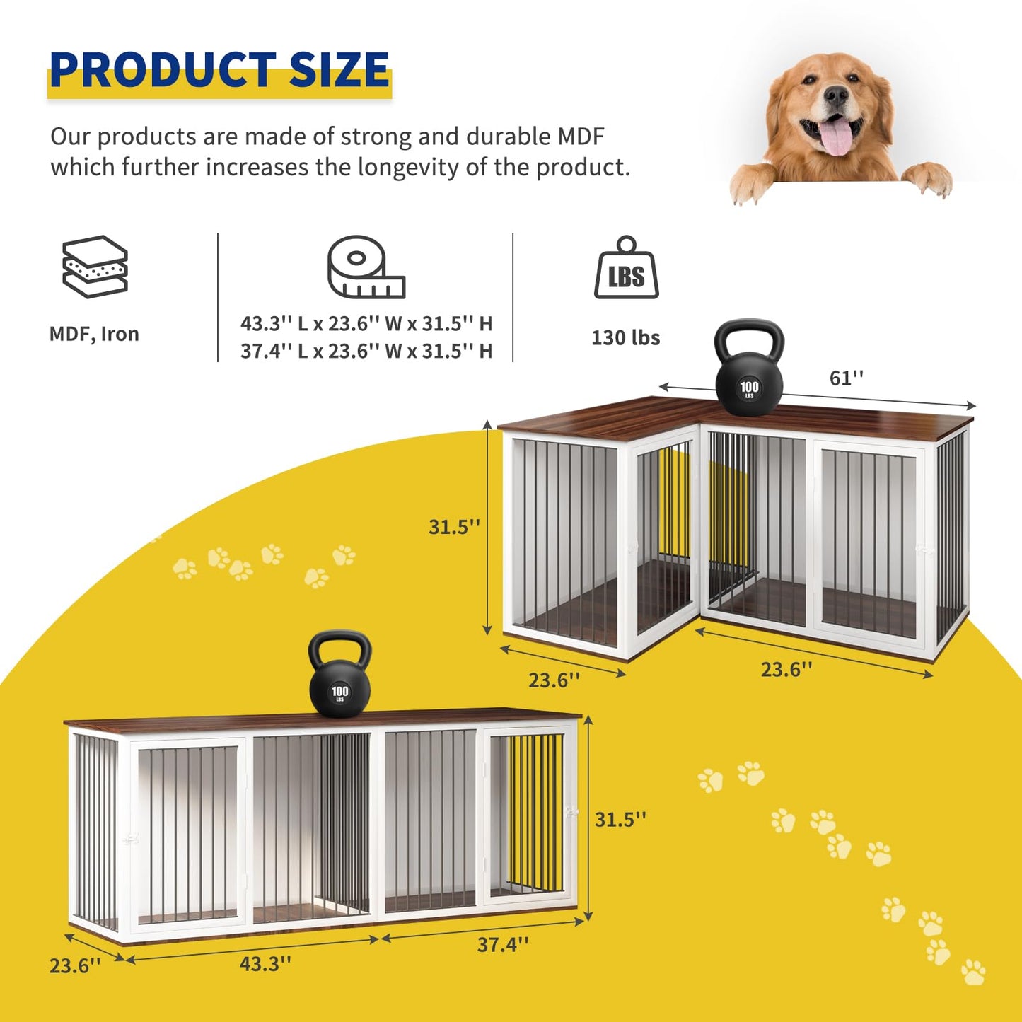 Dog Crate Furniture for 2 Dogs, 80.7" Large Dog Kennel Furniture with Dividers and Double Doors, All Steel Frame Double Dog Crate, 43.3" L X 23.6" W X 31.5" H, 37.4" L X 23.6" W X 31.5" H (Wh - WoodArtSupply