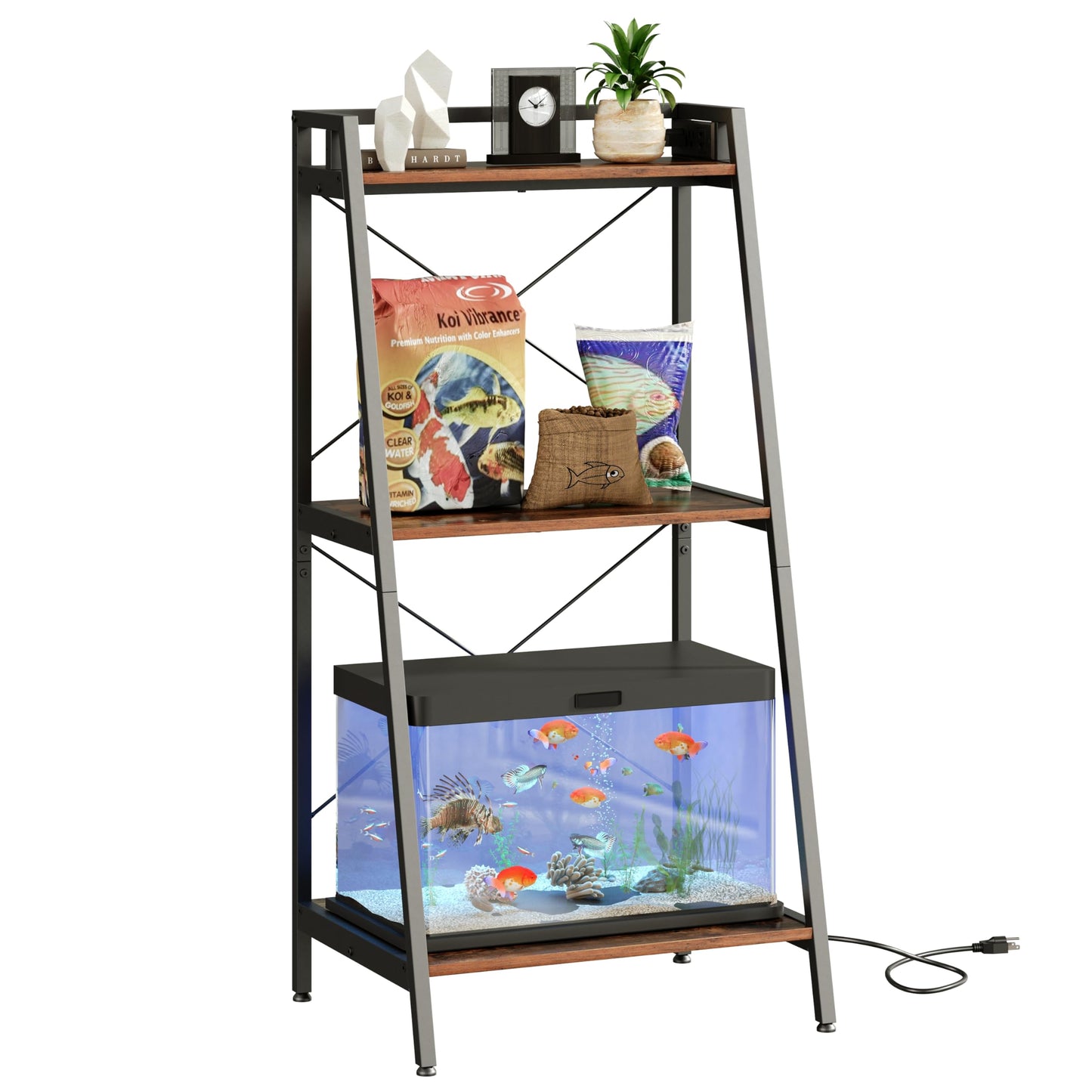 Herture 5-10 Gallon Fish Tank Stand with Shelf, Metal Frame Aquarium Stand with Storage and Power Outlet, for 2 x Fish Tank, 20.47" L*15.11" W Reptile Tank Rustic Brown PG10YGN