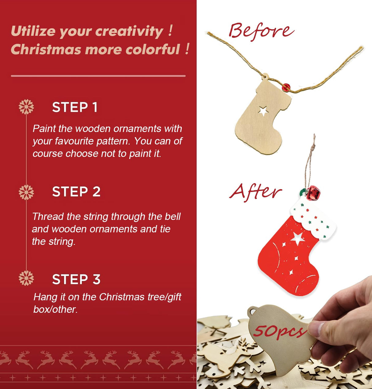 50pcs Christmas Wooden Ornaments for Crafts, 10 New Styles Unfinished Wood Slice Ornaments, Wooden Christmas Ornaments to Paint, Christmas Tree Hanging Ornaments Wood Christmas Decoration DIY Crafts Sotipevs