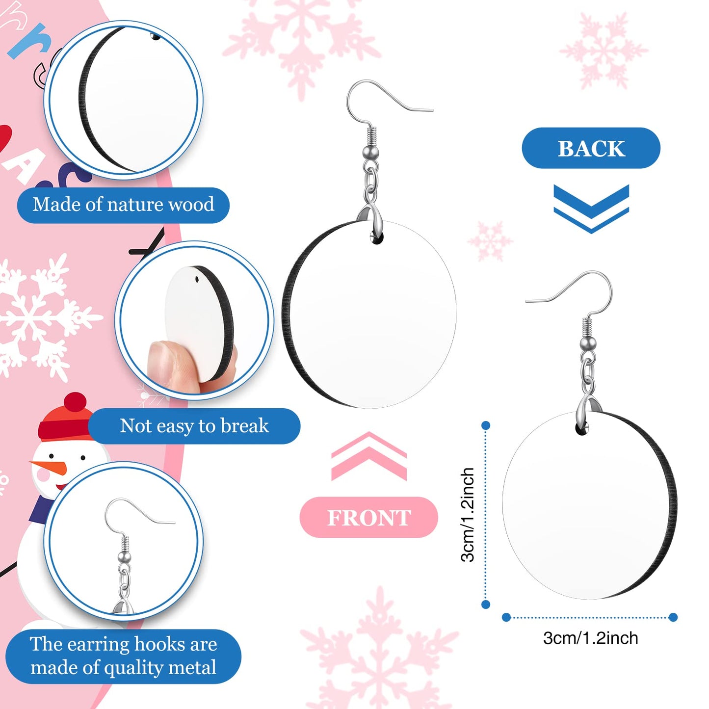 Yaomiao 36 Pcs Christmas Sublimation Blank Earrings Bulk Heat Transfer Earrings Unfinished Wood Transfer White Earring with Hooks for DIY Jewelry Making (Round Style)