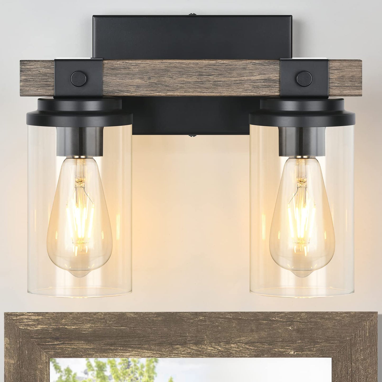 Farmhouse Bathroom Light Fixture Wood Black Vanity Lighting 2-Light Wooden Wall Sconce Industrial Rustic Wall Light Fixtures Over Mirror with Clear Glass Shade for Bathroom Hallway Kitchen Be - WoodArtSupply