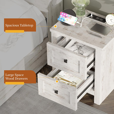 AMERLIFE Large Nightstand Set of 2 with Charging Station, Bedside Table with USB Ports and Outlets, Farmhouse Wood End Table for Bedroom, Living Room, Distressed White AMERLIFE