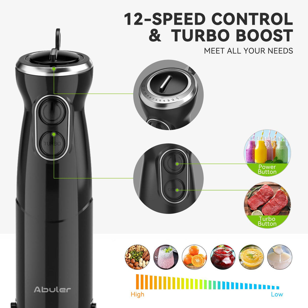 Immersion Blender Handheld Hand Blender, 1000W 5 in 1 Hand Mixer Stick, BPA-Free 12 Speed Handheld Blender 304 Stainless, Mixing Beaker, Chopper, Whisk, Milk Frother, Soup, Smoothies, Baby Food, Sauce Abuler