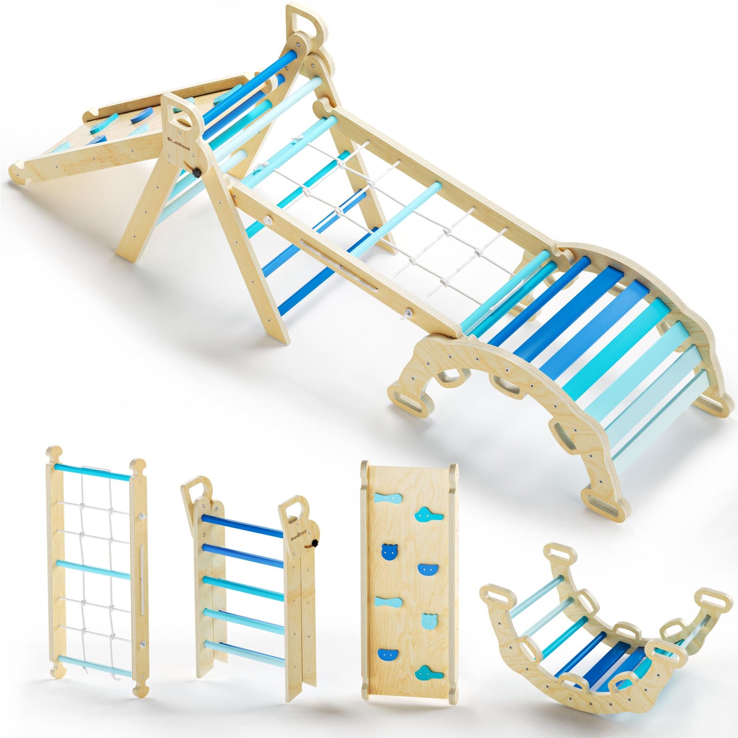 BlueWood 2024 8 in 1 Pikler Triangle Climbing Set Montessori Climbing Set Toddler Climbing Toys Indoor Baby Jungle Gym Pikler Climbing Toys Toddler Climber Indoor Playground for Kids - Sky Blue