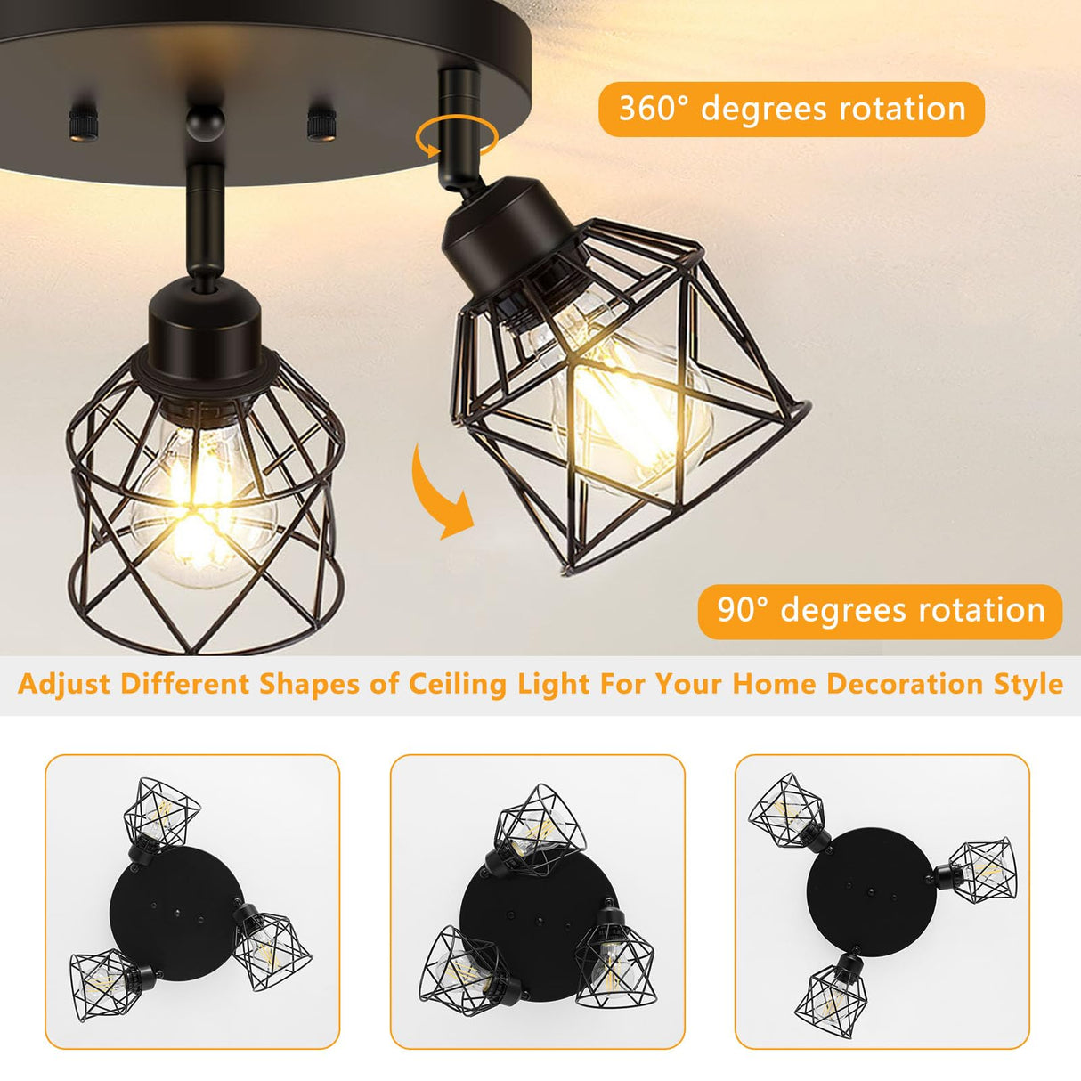Baocuz 3-Light Kitchen Flush Mount Ceiling Light, Adjustable Multi-Directional Ceiling Light Fixture, Farmhouse Black Metal Cage Close to Ceiling Lamp for Dining Room Bedroom Hallway Baocuz