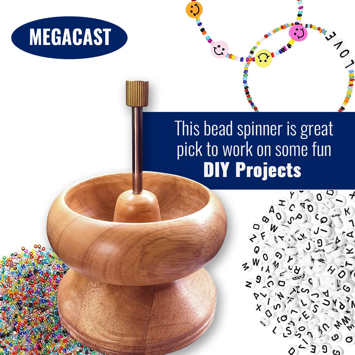 MegaCast Wooden Bead Spinner, Bead Loader Spinner with Needle Jewelry Making Bead Holder for Craft Stringing Beads MegaCast
