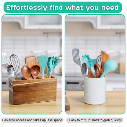 ALELION Acacia Wood Utensil Holder for Kitchen Counter - 3 Compartment Large Kitchen Utensil Caddy Organizer for Countertop - Kitchen Tool Holder for Spatula - Farmhouse Kitchen Decor Accessories