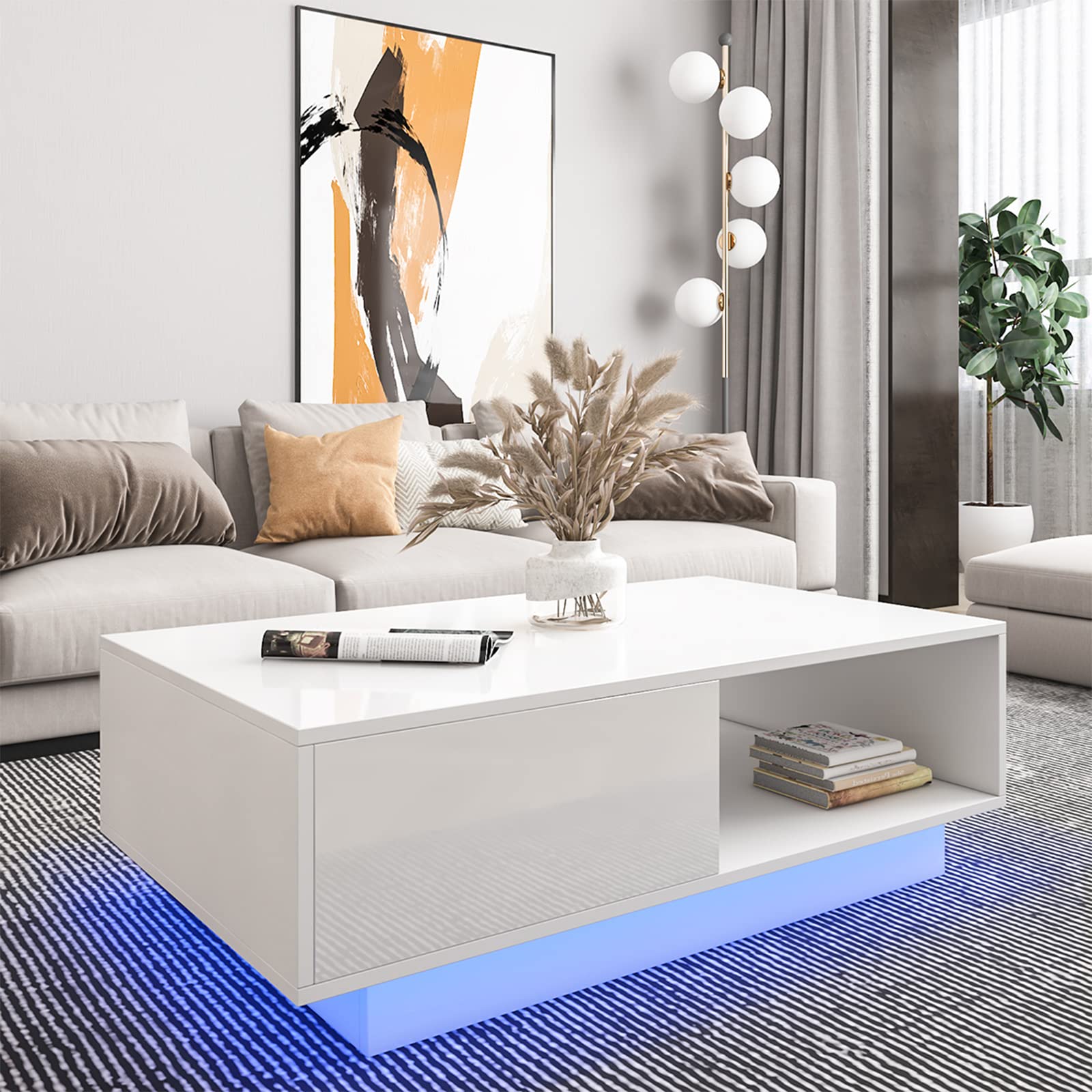 HOMMPA Led Coffee Table for Living Room White Coffee Table Modern Led Center Table with 2 Drawers Storage High Gloss Tabletop and Small Cocktail Table with Led Lights - WoodArtSupply