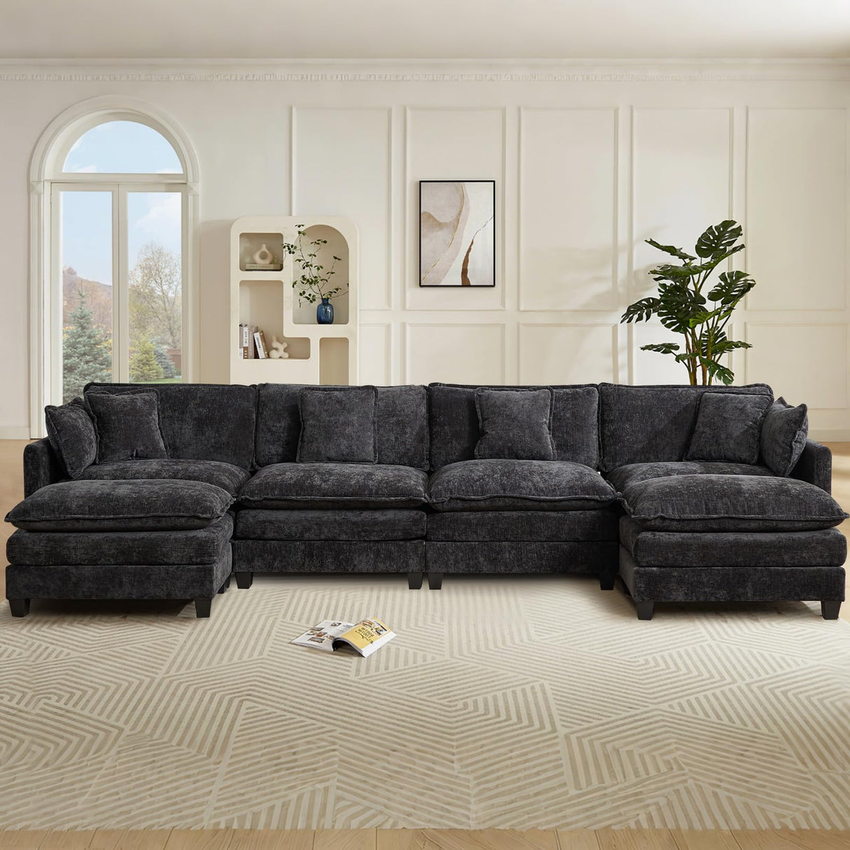Oversized 149.6" Modular Sectional Sofa - 4 Seater Convertible Chenille Deep Seat Cloud Couch with Ottoman & Pillows for Small Space, Black SoarTalent