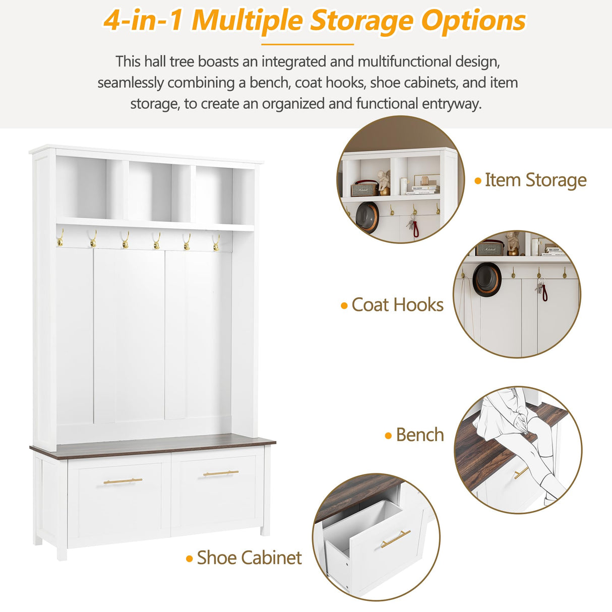 Merax 47" Farmhouse Wood Hall Tree with Bench, Entryway Coat Rack with 6 Golden Hooks& Open Shelf, Brown Wood Grain Bench with 2 Drawers, White 47.2''W*76.6''H Merax