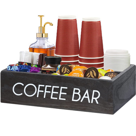 RJMKD Coffee Station Organizer with Small Dividers, Wooden Coffee Bar Accessories and Storage Box for Counter, Farmhouse Coffee Pod Holder Storage Basket for Coffee Bar Decor RJMKD