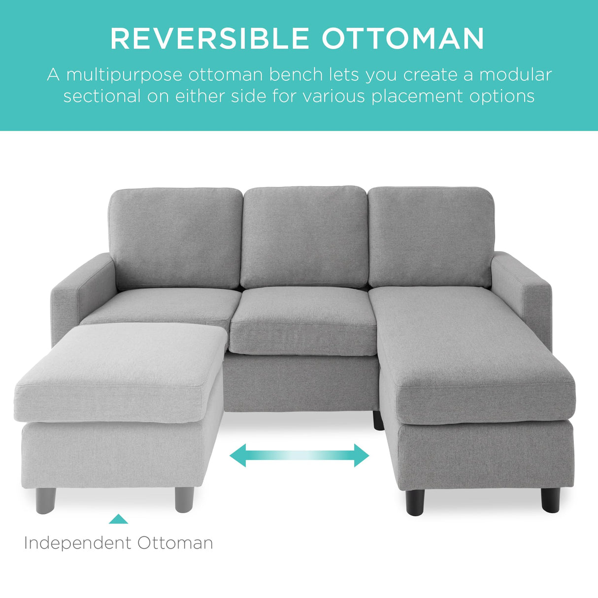 Best Choice Products Upholstered Sectional Sofa for Home, Apartment, Dorm, Bonus Room, Compact Spaces w/Chaise Lounge, 3-Seat, L-Shape Design, Reversible Ottoman Bench, 680lb Capacity - Light Gray Best Choice Products