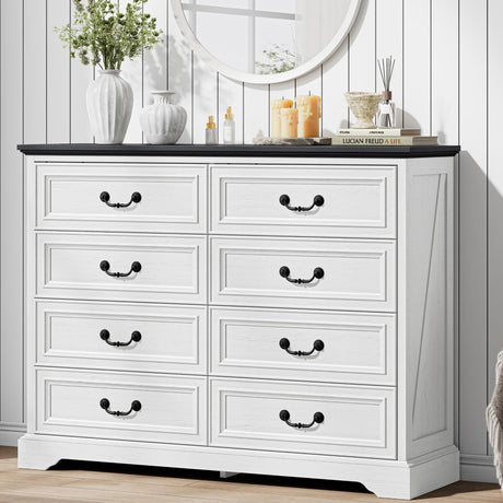 LIKIMIO Farmhouse 8 Drawer Dresser for Bedroom, 52" Wide Dresser Drawers with Storage, Rustic Wooden Chest of Drawers for Bedroom, Hallway, Antique White LIKIMIO
