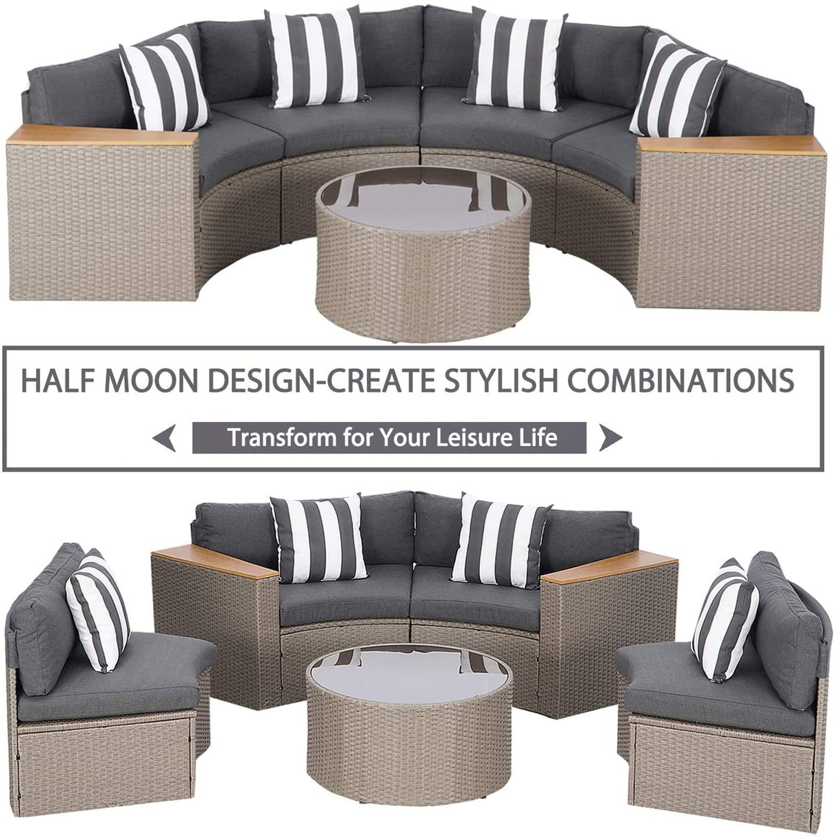 Incbruce Outdoor Half Moon Patio Furniture 5-Piece Curved Outdoor Sofa, All-Weather Outdoor Sectional Furniture Patio Conversation Sets with Round Tempered Glass Top Table (Grey Cushions) Incbruce