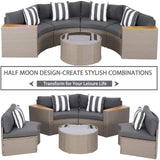 Incbruce Outdoor Half Moon Patio Furniture 5-Piece Curved Outdoor Sofa, All-Weather Outdoor Sectional Furniture Patio Conversation Sets with Round Tempered Glass Top Table (Grey Cushions) Incbruce