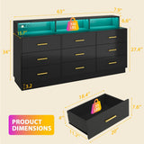 knoworld Black 9 Drawer Dressers for Bedroom, Modern Large Dresser with LED Light and Power Outlet, Wooden Long Dresser, Triple Dresser for Bedroom, Living Room, Entryway, Hallway knoworld