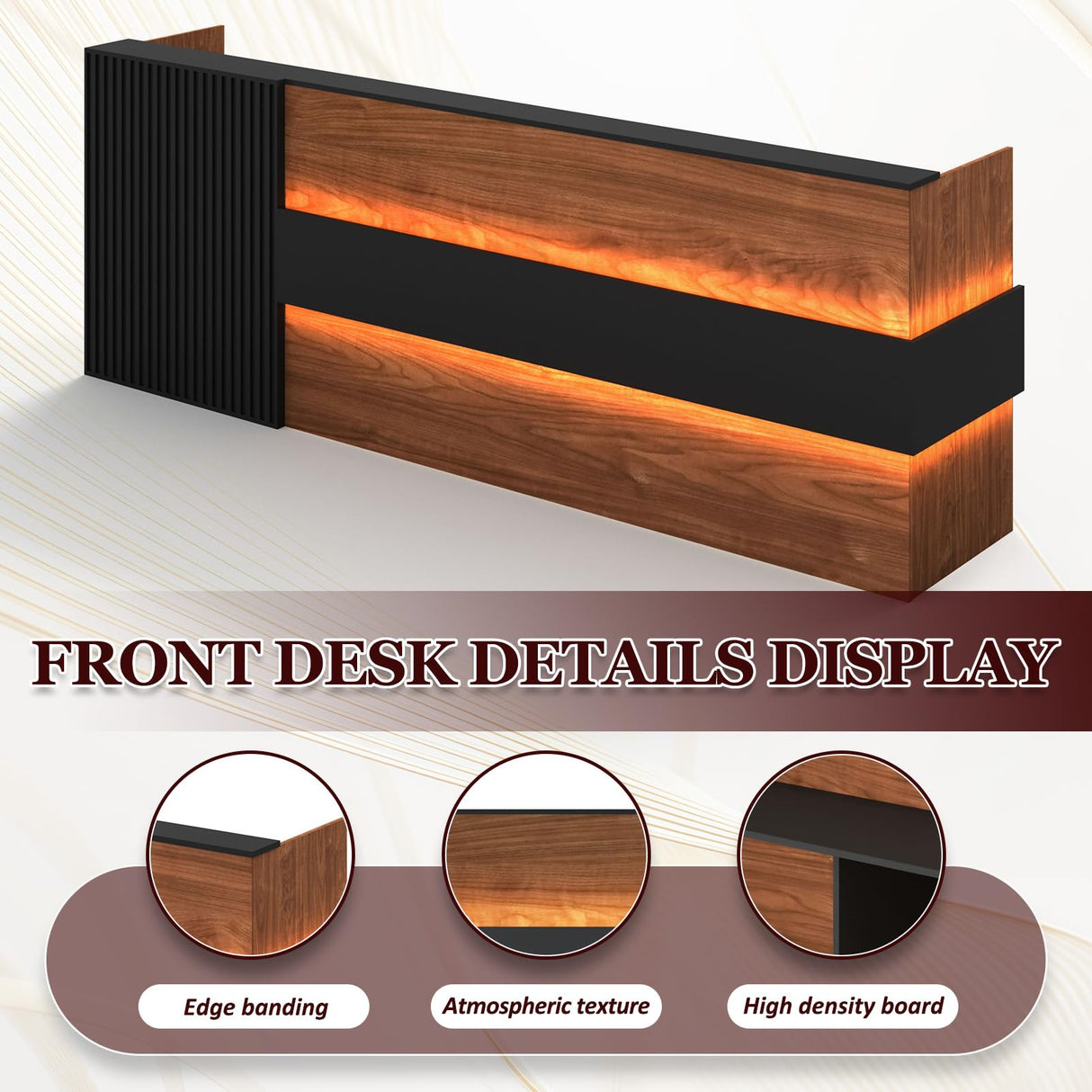 78" Modern Reception Desk with LED Lights & Mobile File Cabinet – Black Brown Office Front Desk Reception Counter with Drawers & Lock (Black & Brown, 78 * 24 * 43IN) YTElantivo