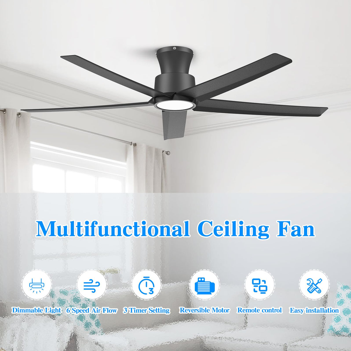 ocioc Smart Ceiling Fans with Lights,52 inch,Reversible Quiet DC Motor,Dimmable,Black Ceiling Fan Compatible with Alexa Google home Indoor/Outdoor ocioc