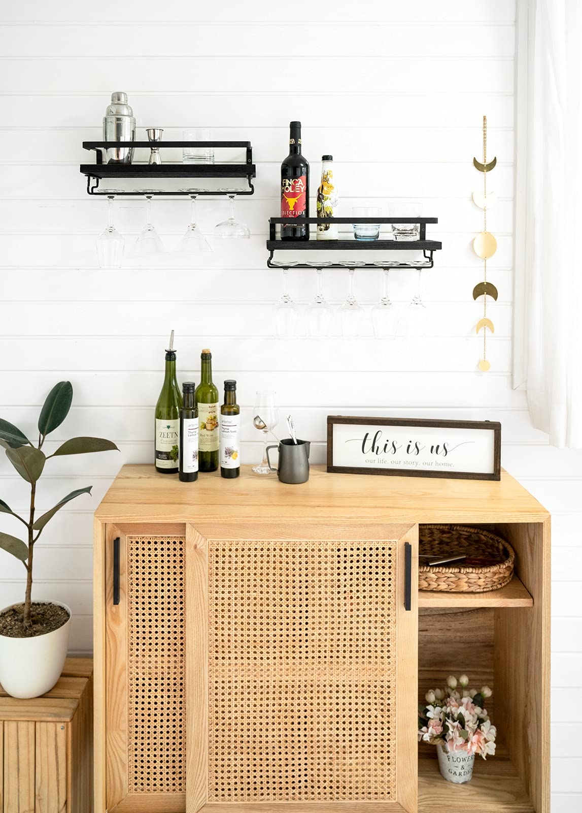 Mkono Wall Mounted Wine Rack Set of 2 Wood Shelf Rustic Wine Bottle Glass Floating Shelves with Stemware Hanger Modern Plants Photos Wine Display Storage Holder for Kitchen Dining Room Bar, Black Mkono