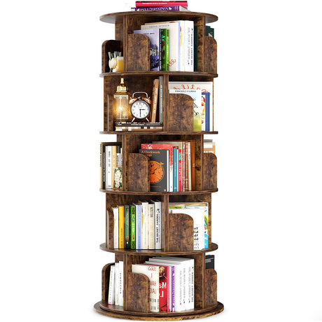 Besiost Rotating Bookshelf Tower, 5 Tier Spinning Bookcase, Revolving 360 Book Shelf Narrow Tall Bookcase, Vertical Turning Round Bookshelf Organizer, Corner Book Shelf for Small Space, Rustic Brown Besiost