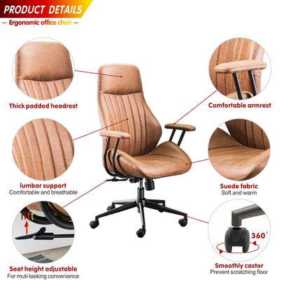 ovios Ergonomic Office Chair Home Office Desk Chair Computer Chair with Lumbar Support High Back Executive Height Adjustable Rolling Swivel Task Chair, Suede Fabric (Brown)