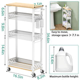 Slim Storage Cart 4 Tier Laundry Cart with Wheels, Narrow Metal Kitchen Rolling Carts Bathroom Organizers Storage Shelf with Wood Rack and Handle for Small Space XYZLVSI