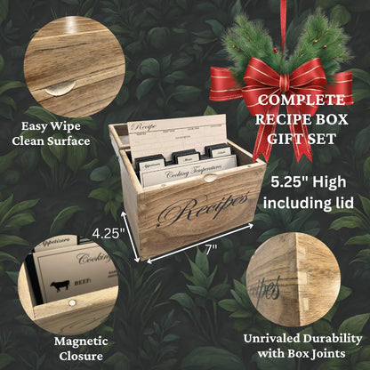 Wooden Recipe Box with Cards and Dividers - Large Rustic 4x6 Recipe Card Box, Wipe Clean Surface, Recipe Card Holder, 100 Double-Sided Cards, 20 Thick Dividers with Stickers, Charts, Complete - WoodArtSupply