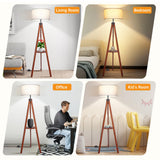 OUTON Dimmable Wood Tripod Floor Lamp with Shelves, Remote Control, Mid Century Modern Standing Lamp 58.5" for Bedroom, Living Room, and Office, Flaxen Lamp Shade Include E26 9W Bulb OUTON
