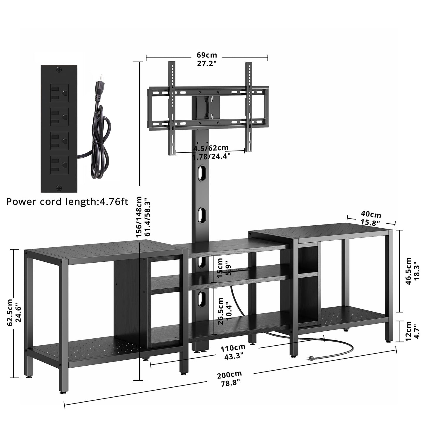 IRONCK 79 Inch TV Stand for TVs up to 85 Inch with Mount and Power Outlet, 3 Tiers TV Console with Storage Shelves, Entertainment Center, Steel Frame, for Living Room, Bedroom, Black