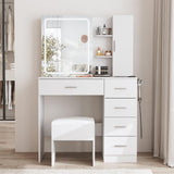 Fameill White Vanity Desk with Mirror and Lights,Makeup Vanity Table Set with Power Strip and Sliding Locker,Visual Drawer Makeup Desk with 5 Drawers&Shelves&Cabinet,3 Lighting Modes Fameill