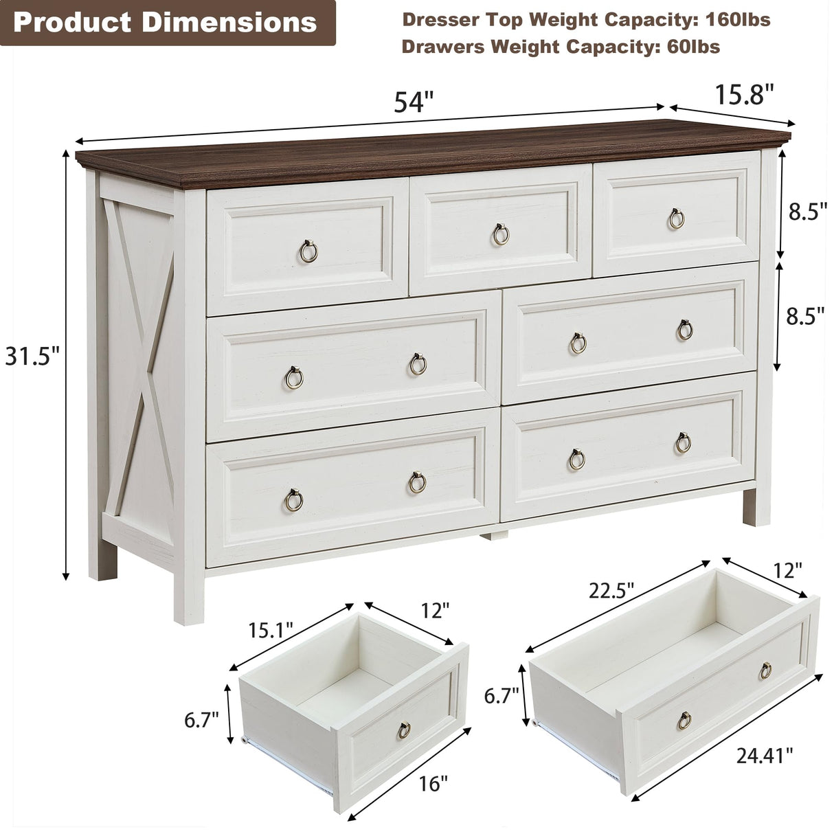 OKYCI Farmhouse 7 Drawer Dresser, Long Wood Chest of Drawers with 1.2" Thickened Top - 54" W x 31.5" H,Antique White OKYCI