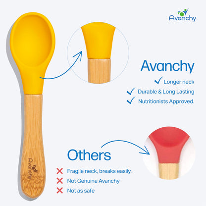 Avanchy Baby Spoons 5 Bamboo and Silicone Set, Self Feeding Food Utensils, 4 Months Baby Led Weaning, 5 Pack W/Blue