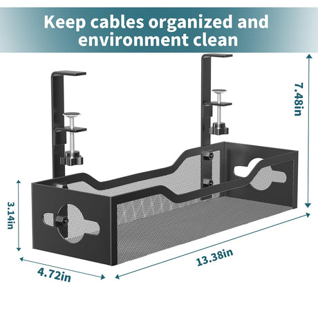 Under Desk Cable Management Tray No Drill, Metal Mesh Cable Management Under Desk with Clamp Mount, 2 Hole Cable Tray with Wire Management and Cord Organizer for Home Office Standing Desk Litwaro