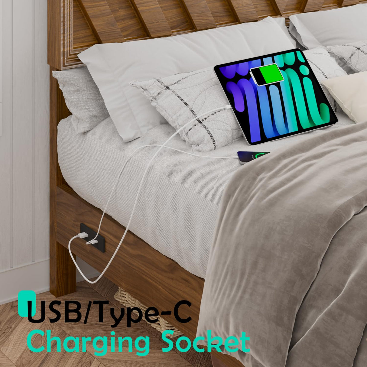 Incyneva Queen Bed with Adjustable Headboard, Farmhouse Platform Bed Wood with LED Light and Charging Station, Diagonal Line & Rustic Brown Incyneva