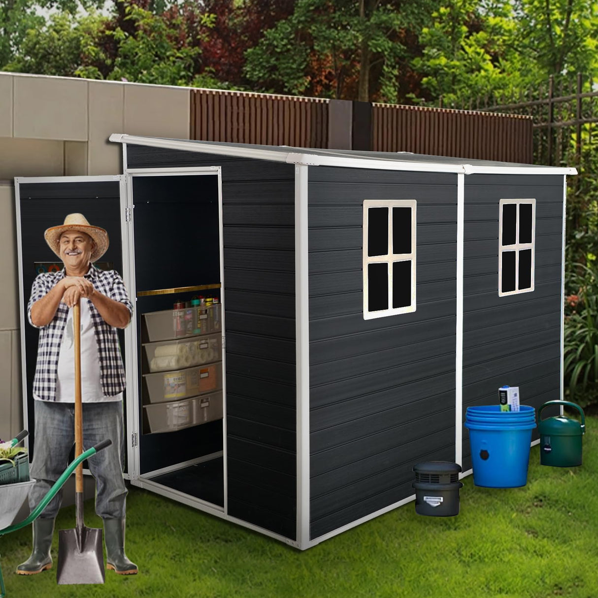 LANTRO JS Outdoor Storage Shed with Floor Included, 4x8FT Plastic Storage Shed with Floor with 2 Windows and Lockable Door, Backyard Storage Sheds for Garden Tools, Bike LANTRO JS
